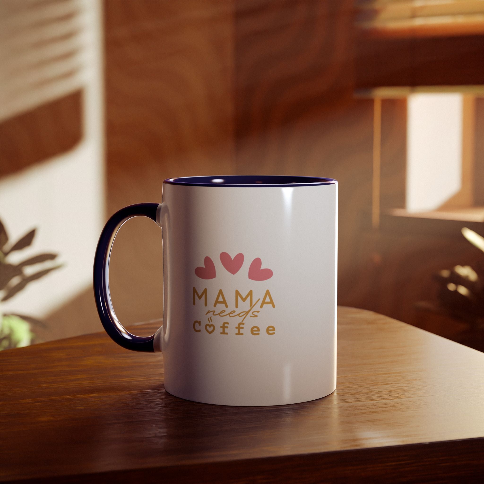 Mama Needs Coffee 11oz Two-Tone Coffee Mug — Cute Heart Design, Gift for New Moms & Mother's Day