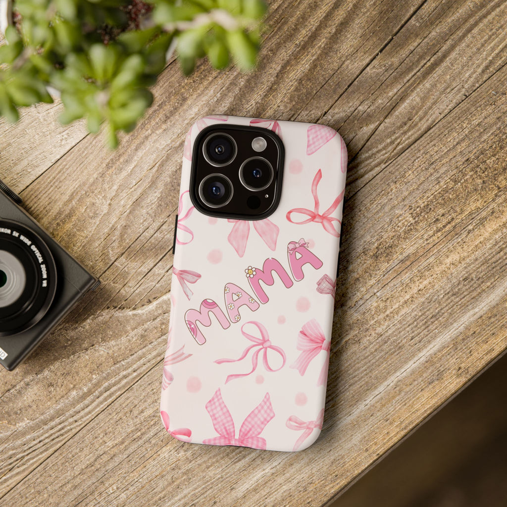Mama Pink Bow Tough Phone Case – Cute Floral Ribbon Protective Cover