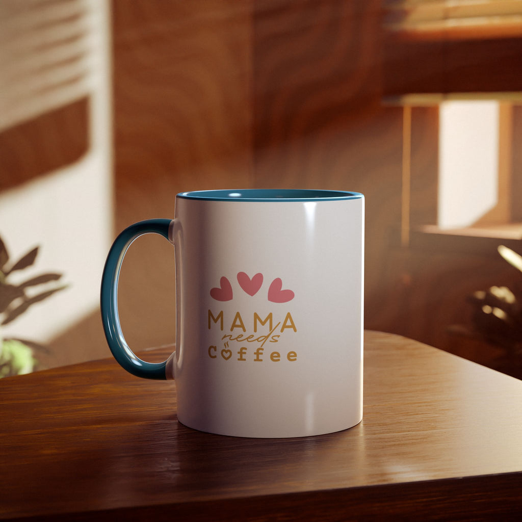 Mama Needs Coffee 11oz Two-Tone Coffee Mug — Cute Heart Design, Gift for New Moms & Mother's Day