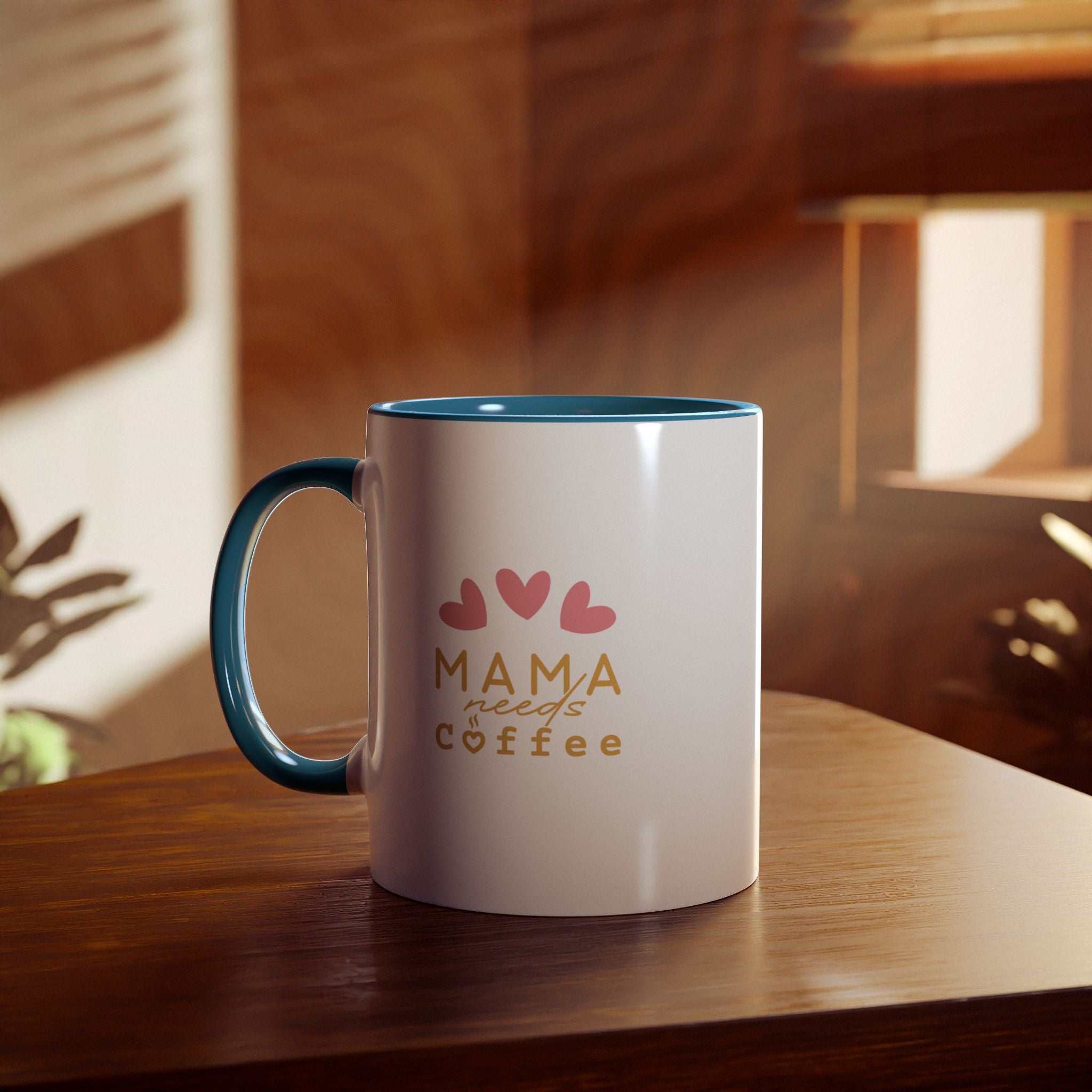 Mama Needs Coffee 11oz Two-Tone Coffee Mug — Cute Heart Design, Gift for New Moms & Mother's Day